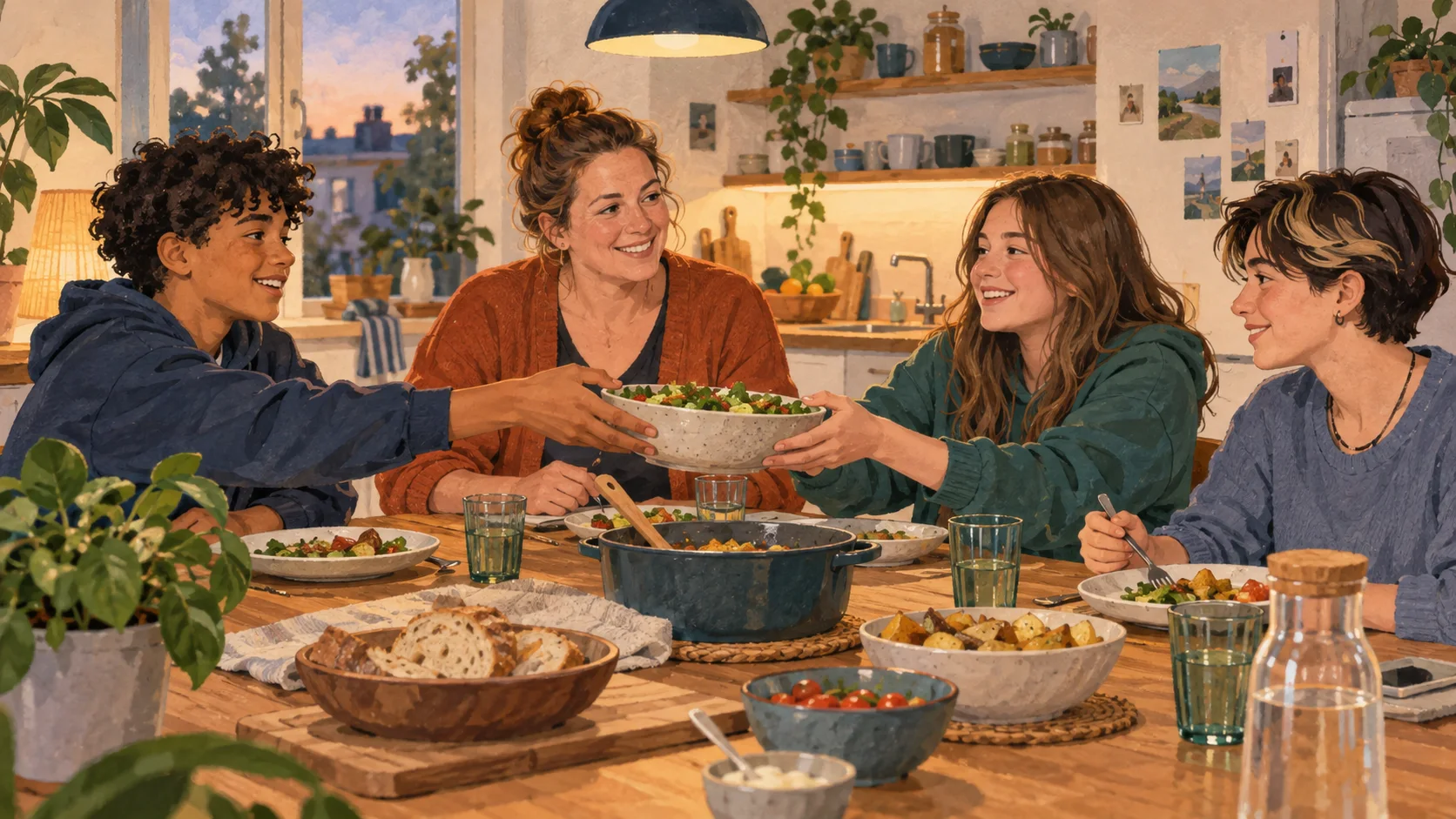 Illustration: Eine Betreuerin und drei Jugendliche essen gemeinsam in einer Wohngruppe.